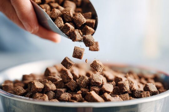 Brown sugar cubes are being poured into a metal bowl during a baking session in a bright kitchen