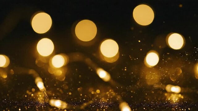Golden bokeh lights twinkle and dance creating a magical festive atmosphere, perfect for holiday season promotions and end of year celebrations