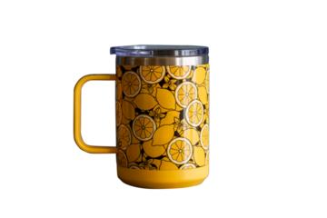 Insulated Yellow Coffee Mug with Handle and Retro Lemon Pattern, Isolated on Transparent Background