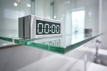 Digital clock displays zero hours and minutes in a modern bathroom setting at daytime