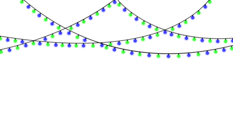 Green and blue christmas lights strung across a dark background isolated on transparent background
