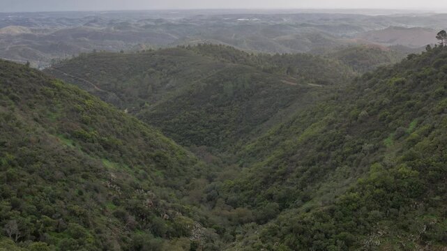Scenic Timelapse of sun moving across verdant hills with rolling landscape and forested valley in the Alentejo Region of Portugal