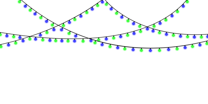 Green and blue christmas lights strung across a dark background isolated on transparent background