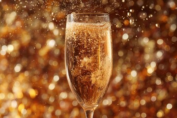 Bubbly drink in a clear glass with sparkling background during a celebration
