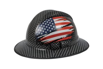 Wide Brim Carbon Fiber Hard Hat with Distressed American Flag Decal, Isolated on Transparent Background