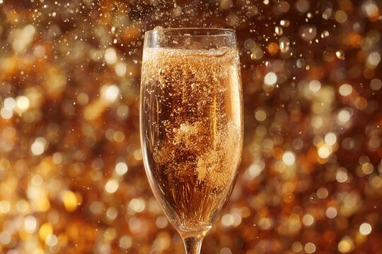 Bubbly drink in a clear glass with sparkling background during a celebration