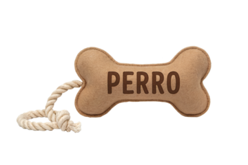 Light Brown Felt Dog Bone Toy with 'PERRO' Embroidery and Braided Rope Loop, Isolated on Transparent Background