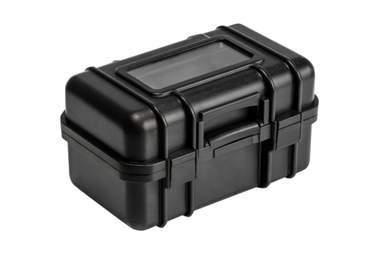 Small Black Plastic Utility Case or Storage Box with Clear View Window and Reinforced Latches, Isolated on Transparent Background