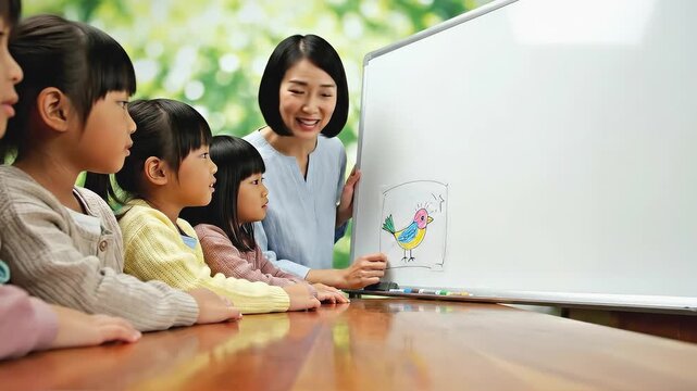 Educator engages young learners in creative drawing activity, showcasing progression from sketch to colorful illustration, camera pans smoothly across scene
