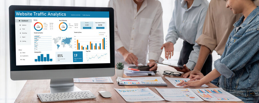 Computer software for website traffic analytics data on computer screen. Concept of SEO search engine optimization and customer targeting for online business brisk