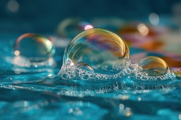 Colorful soap bubbles floating on water creating a mesmerizing display in bright light
