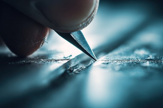 Close-up view of a hand using a sharp tool to create fine lines on metal in a workshop