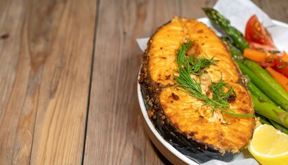 Fried salmon steak with vegetables on wooden table