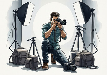 Focused professional photographer taking a picture with a camera in a brightly lit studio