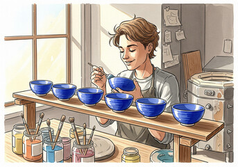 Smiling young potter carefully painting blue ceramic bowls in a sunny pottery studio