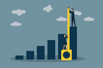 Business Performance Measurement, Growth and Success Concept. Businessman Measuring Progress on Growing Bar Chart with Tape Measure.