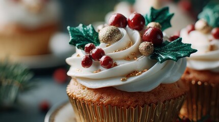 A close-up of a beautifully decorated holiday cupcake with festive toppings,