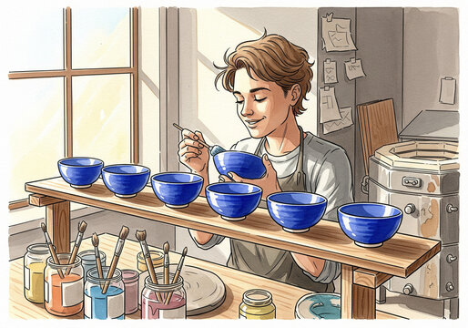 Smiling young potter carefully painting blue ceramic bowls in a sunny pottery studio