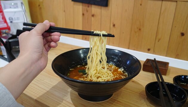 Hand with chopsticks takes noodles of ramen soup. Traditional Asian cuisine - Powered by Adobe