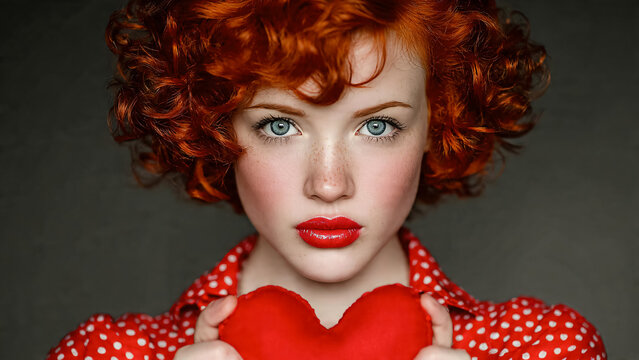 Portrait d'une jeune femme rousse tenant un coeur rouge devant elle