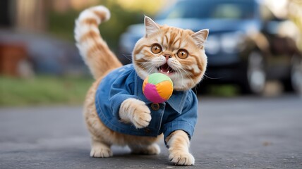 Adorable exotic shorthair kitten wearing a denim jacket plays with a colorful ball outdoors