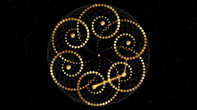 Animation of mystical spirals, gold sacred geometry, glowing magic hexagon, golden ratio, crop circles on black starry galaxy background, video looping
