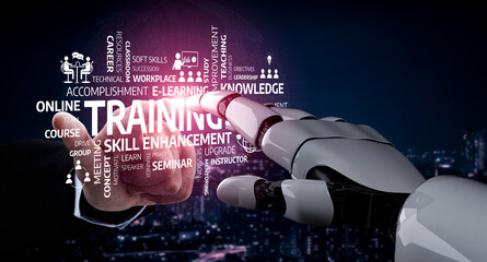 A futuristic robotic hand interacts with training concepts, emphasizing the importance of online learning and skill development in today workplace. Ideal for educational themes. Tessel