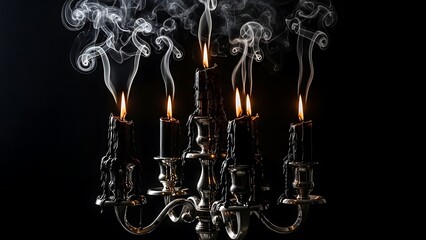 Ornate candelabra with burning candles and rising smoke against a dark background