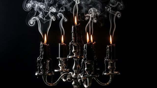 Ornate candelabra with burning candles and rising smoke against a dark background