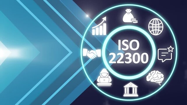 ISO 22300 acronym, security vocabulary, Security and resilience, Vocabulary, is an international standard developed by Security and resilience. Showing ISO 22300 icons on virtual screen.