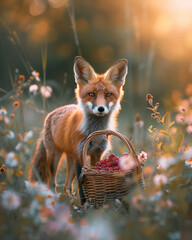 Fox in a flower field beside a basket of berries at sunset