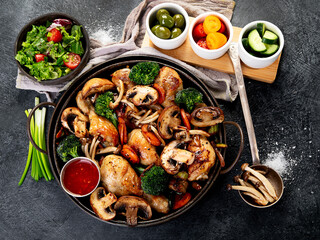 Family dinner. Roasted chicken with vegetables. Healthy eating.