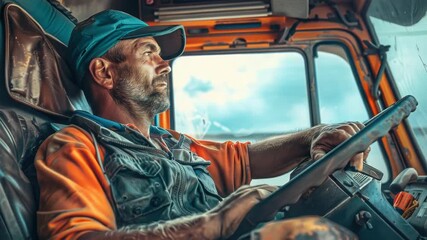 Video A man sits in the driver's seat of a truck, ready to hit the road