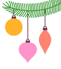 Christmas fir with hanging balls ornaments. Holiday greeting card png illustration.