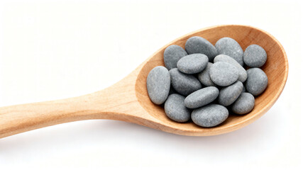 Smooth Grey Pebbles in a Wooden Spoon on White Background