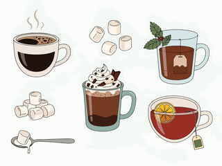 Assortment of hot beverages including coffee hot chocolate and tea varieties