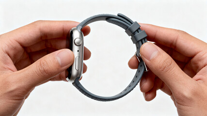 Hands Holding a Silver Apple Watch with Grey Sport Band