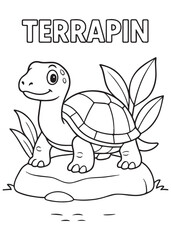 coloring book Terrapin – a terrapin standing on a rock with plants