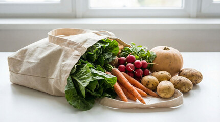 Freshly Harvested Vegetables in a Reusable Canvas Bag on a White Table