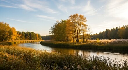 Autumn River Bend, Scenic Nature Landscape, Tranquil Viewpoint in a Serene Environment