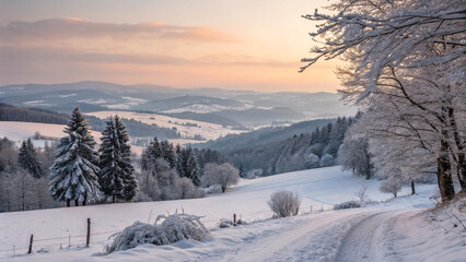 Winter wonderland scenic landscape snowy hills and trees at sunset wallpaper