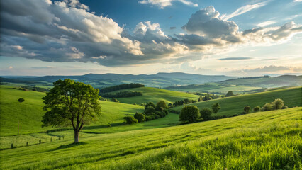 Obraz premium Beautiful green landscape scenery wallpaper background desktop high quality