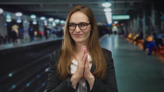 Woman in business attire and glasses pressing palms together in a busy train station building with a polite smile; hope.