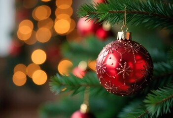 Obraz premium Close-up of a glittery red Christmas ornament hanging on a pine branch with festive lights in the background.