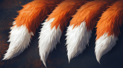 Fluffy orange and white animal tails with detailed fur texture