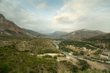 Fototapeta premium Mountain landscape valley panorama and elevator