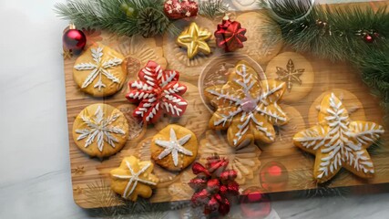 Freshly baked holiday cookies are carefully arranged with pine branches and ornaments, making a delightful festive display