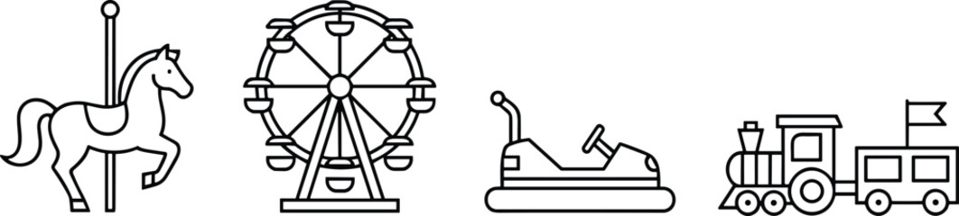 Amusement park ride icons, carousel, Ferris wheel, bumper car, train, entertainment theme, black and white, flat vector illustration