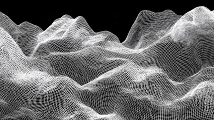 A digital wireframe mesh creates an abstract, undulating landscape of peaks and valleys against a stark transparent background, symbolizing data visualization or virtual terrain.