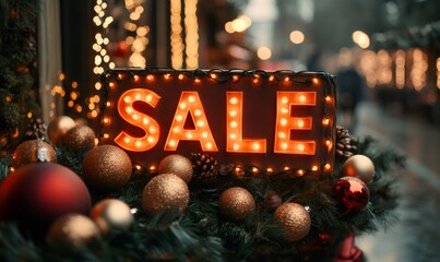 Promotional sale sign with marquee lights, surrounded by christmas ornaments and pine branches, advertising holiday shopping discounts